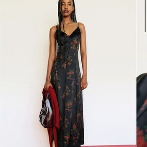 Reformation Black Floral Slip Maxi Dress with Red Accents Lya Silk Dress